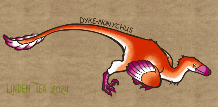 a digital illustration of a feathered Deinonychus antirrhopus, plumed in the colors of the lesbian pride flag. they are crouching and looking over their shoulder with a little grin. above their tail is written DYKE-NONYCHUS.