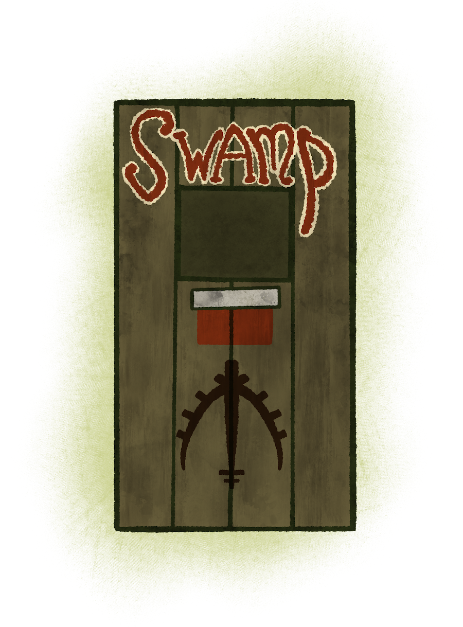 a drawing of the door to Hawkeye Pierce's tent in MASH. the word SWAMP is scrawled over top of the small window in red paint, and a Moroccan/Moorish symbol to ward off evil is painted on the bottom center.